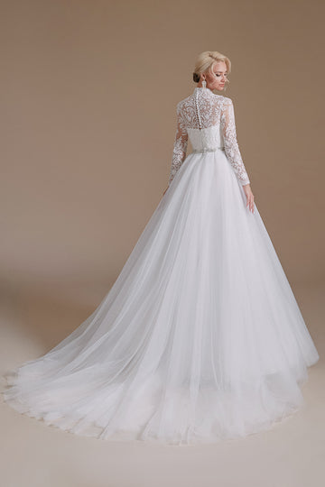 White A-Line High Neck Long Sleeves Wedding Dress with Lace